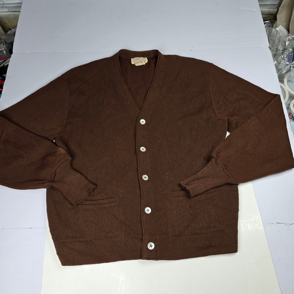 Vintage Lord Jeff The‎ 19th Hole Australian Wool Mens Brown Cardigan Sweater L